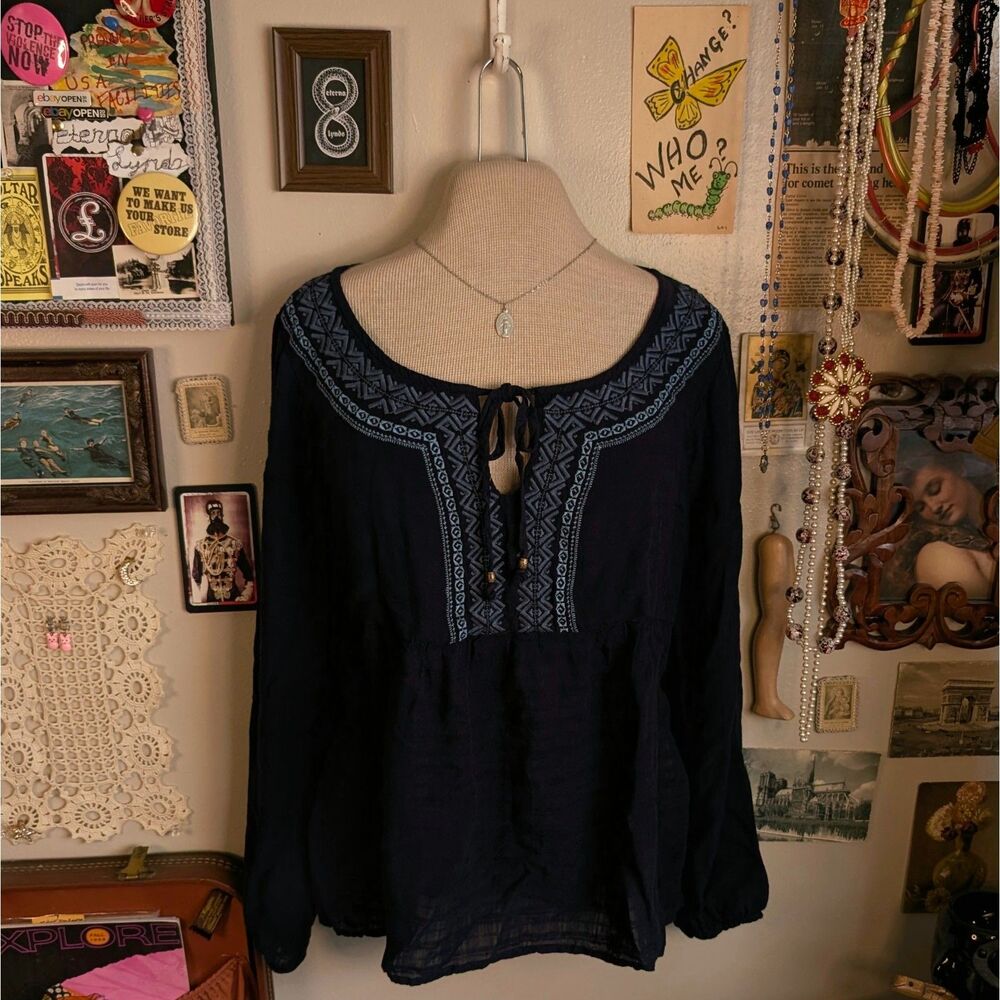 Embroidered Babydoll Tunic T-Shirt Blouse Women's Large Dark Navy Blue